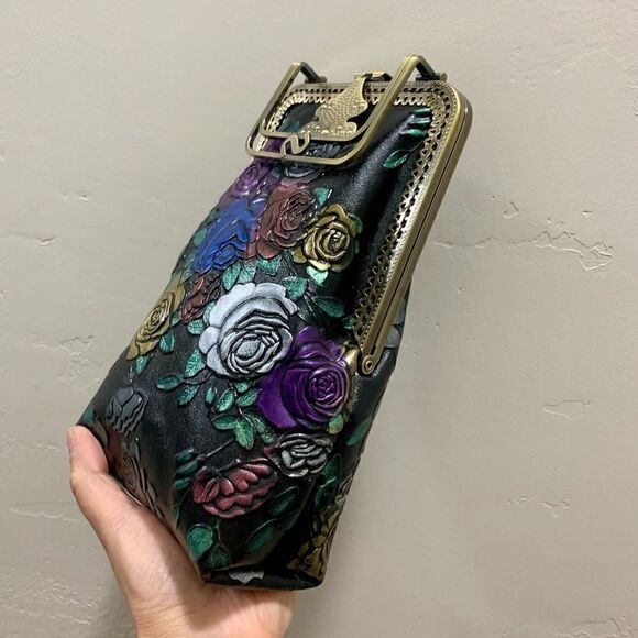 Handmade Genuine Embossed Rose Cowhide Clutch/Phone Case, Kiss Clasp/Clip Pouch - Picture 4 of 16